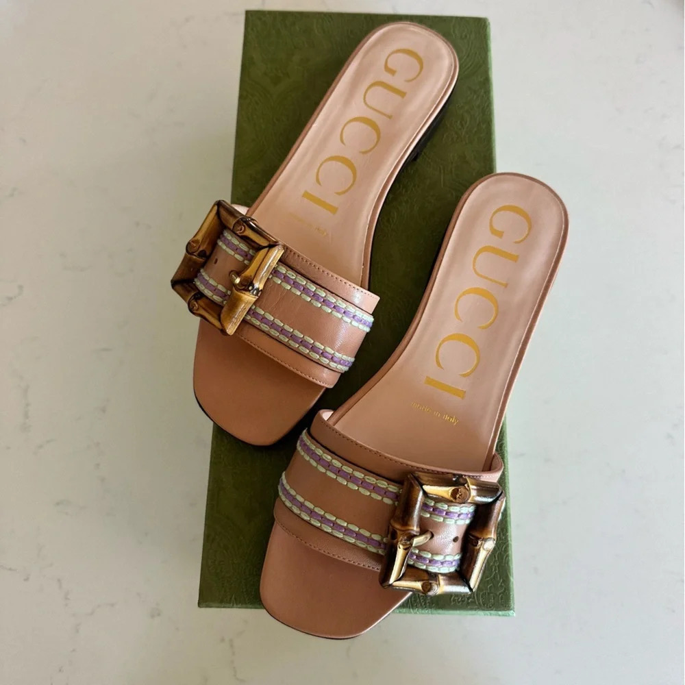 Gucci Cecyl Bamboo buckle embroidered Leather flats in Blush apricot Size: 36
